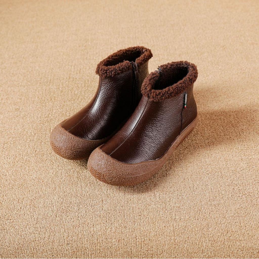 Genuine Leather Warm Cotton Boots Short Boots Toe Layer Cowhide Soft Bottom Soft Surface Winter Middle-aged and Old Anti-slip Wear-resistant