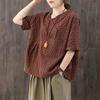 Women's Summer Literary V-neck Cotton Linen Short-sleeved Top Design Loose Plaid T-shirt