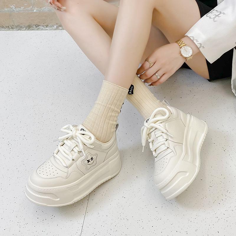 Thick-soled Heightening Board Shoes Women's Leather European Products Autumn New Versatile Little White Shoes Casual Color Matching Muffin Shoes Wom
