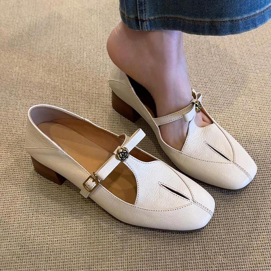 Sheepskin Version~ French Retro Hollow One-word Buckle Camellia Single Shoes Women's Versatile Leather Thick Heel Mary Jane Shoes