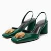 Luxury Metal Decoration Back Strap Chunky Heeled Sandals Women Elegant Round High Heels Summer Designer Mules Shoes Sandalias