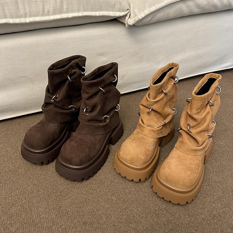 Autumn Winter Thick High Heels Women Mid Calf Boots 2025 Hot Sale Gothic Calves Motorcycles Boots Buckle Comfy Walking Boots