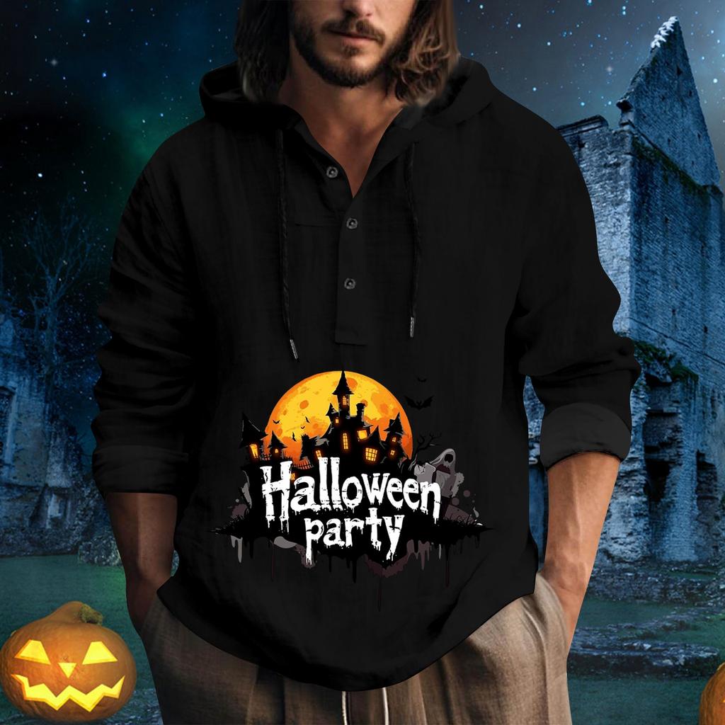 Halloween Printed Hooded Men's Oversized Drawstring Button Hoodie