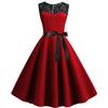 Lady Petticoats Plus Size O-Neck Sleeveless See-through Lace Stitching Ribbon Bowknot Gown Dress A-Line Skater Large Hem Midi Princess Dress