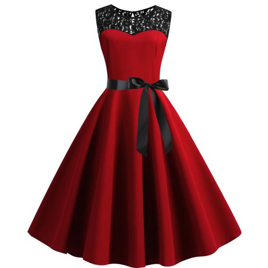 Lady Petticoats Plus Size O-Neck Sleeveless See-through Lace Stitching Ribbon Bowknot Gown Dress A-Line Skater Large Hem Midi Princess Dress