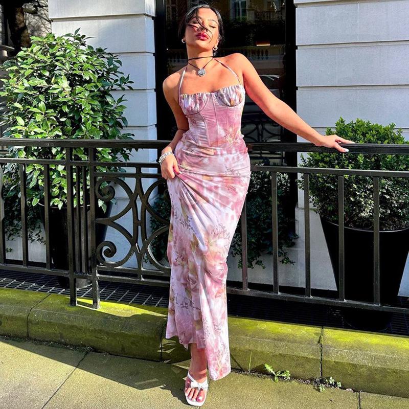 Fashionable Printed Sexy Chest Hugging Neck Hanging Slender Elevated Casual Dresses