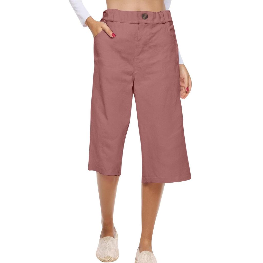 Women's Solid Color Cotton And Linen Fashionable Loose High Waist Cropped Casual Pants
