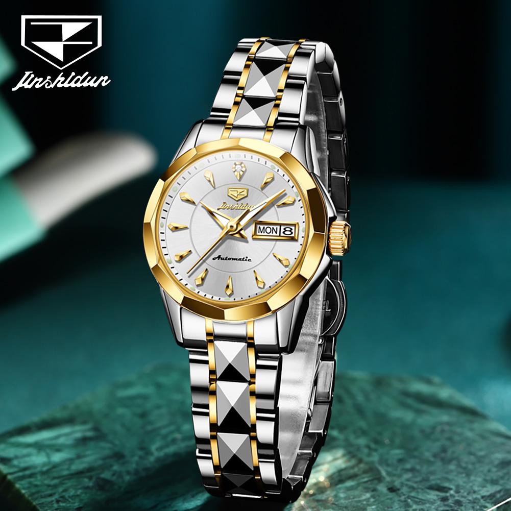 JINSHIDUN New Business and Leisure Ladies Watch Fully Automatic Mechanical Watch Tungsten Steel Double Calendar Luminous Waterproof High-end Watch