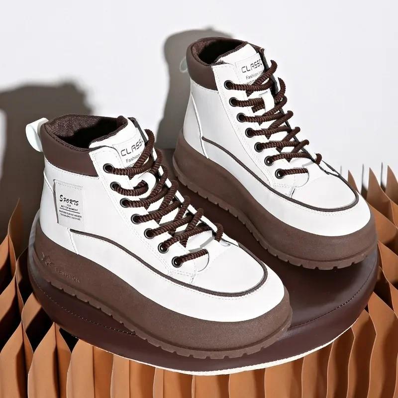 2024 Hot Sale Ladies Shoes Front Lace-up Women's Vulcanize Shoes Color Matching Winter Plus Velvet High Top Flat Shoes