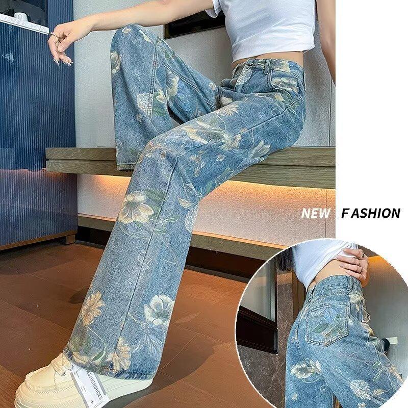 Women's Retro Floral Wide-Leg Printed Jeans - Summer 2024 Collection