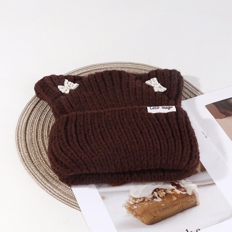 Korean Bow Hat Women's Cute Cat Ear Knitted Hat Outdoor Warm Versatile Wool Hat Student Pullover Cold Hat