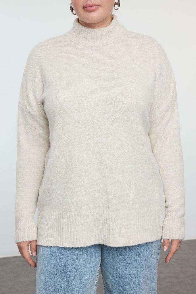 Women's Fashionable Stylish Plus Size Sweater Beige Half Turtleneck Soft Textured Knitwear Sweater