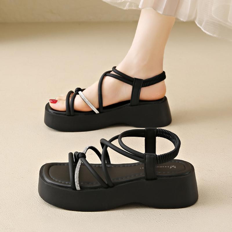 CRLAYDK Women's Sandals Strappy Elastic Band Slides Open Toe Ladies Beach Shoes Casual Walking Thick Sole Dressy Travel Slippers