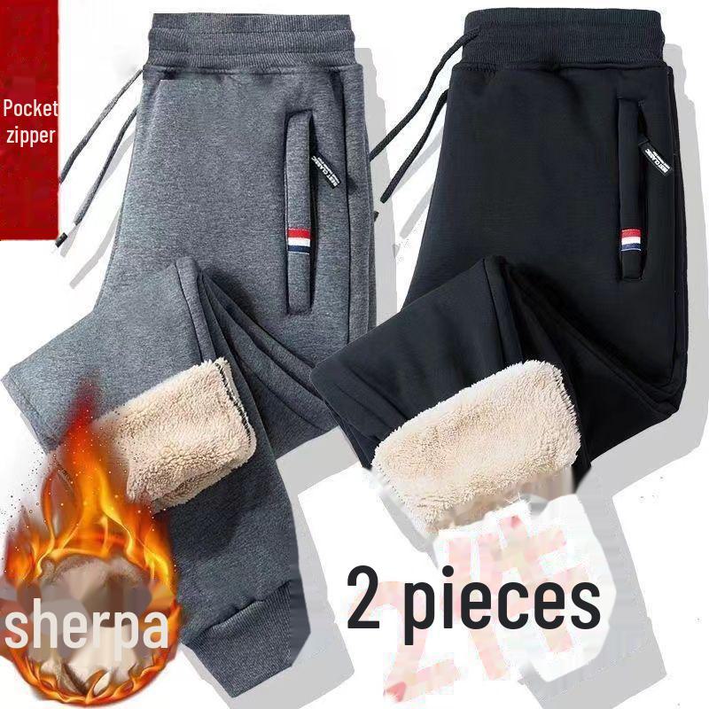 Men's Winter Lambskin Fleece Pants: Extra Thick, Warm, Loose Fit, Straight-Leg with Zipper for All Ages.