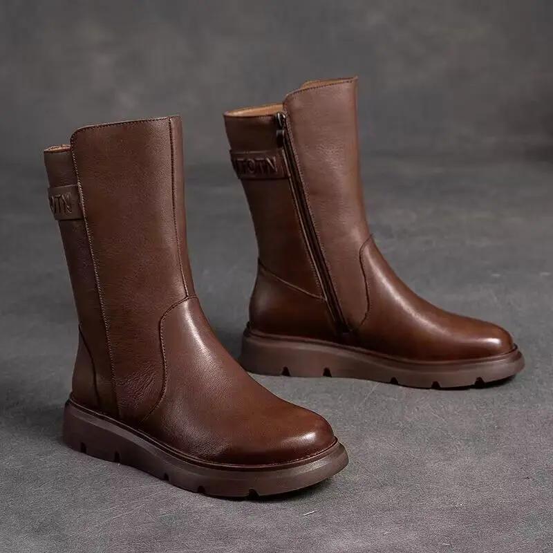 Round Toe Women's Half High Boots Elegant Fashion Ladies Mid Calf Shoes Designer Luxury Quality Footwear Winter 2024 Novelty Pu