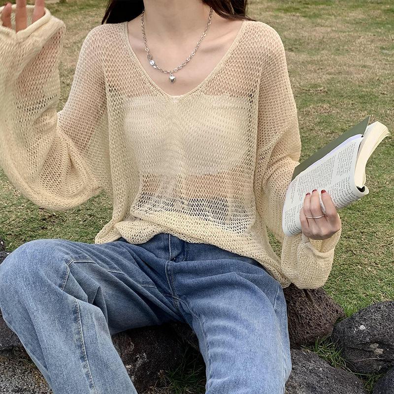 Long Sleeves Hollow Out Sweater Irregular Thin Design Women's Sun Protection Knitted Top V Neck Long Sleeves Loose and Lazy