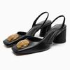 Luxury Metal Decoration Back Strap Chunky Heeled Sandals Women Elegant Round High Heels Summer Designer Mules Shoes
