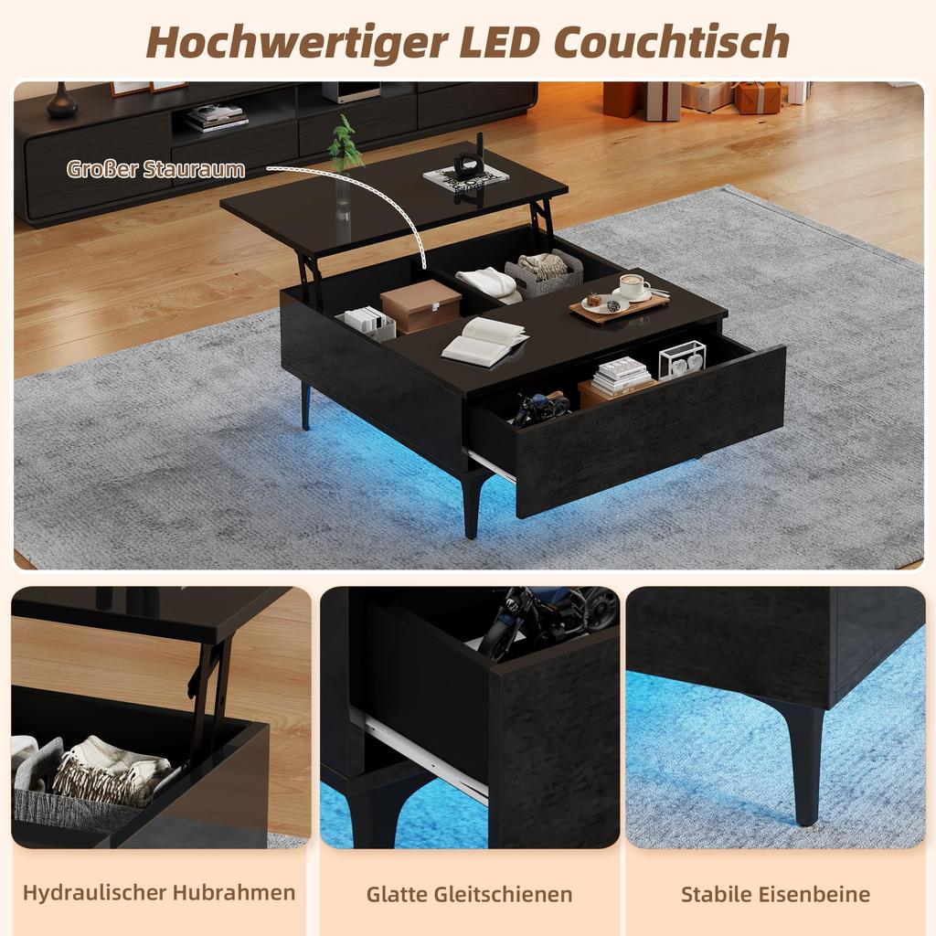 Couchtisch Platte, Moderner Kaffeetisch ausziehbarer LED, Sofatisch Schubladen & Versteckter Stauraum, Beistelltisch Wohnzimmer, Büro, Schwarz