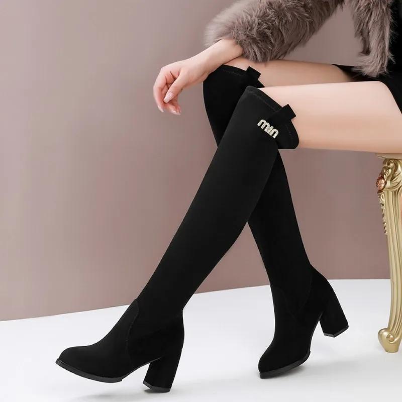Over the Knee Boots Comfortable Square Heel Round Toe Stretch Boots Flock Leopard Autumn Winter Women's Boots