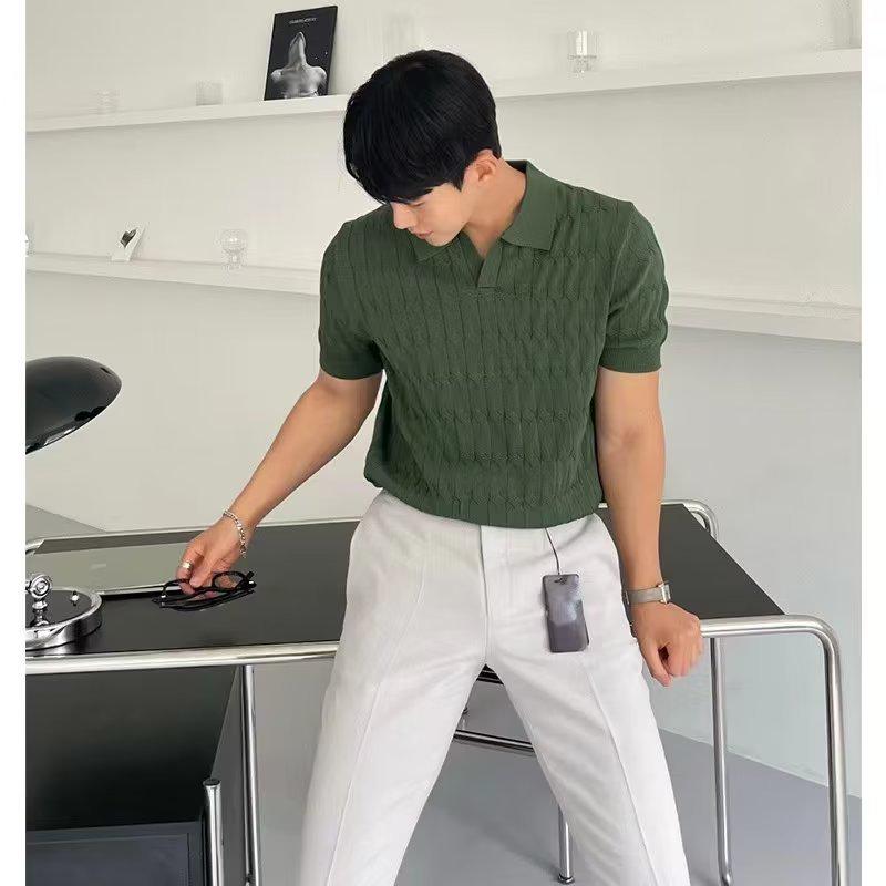 Men's Summer Korean Style Slim Fit Knitted Polo Shirt - Short-Sleeve, Solid Color, Ice Silk, Turn-Down Collar