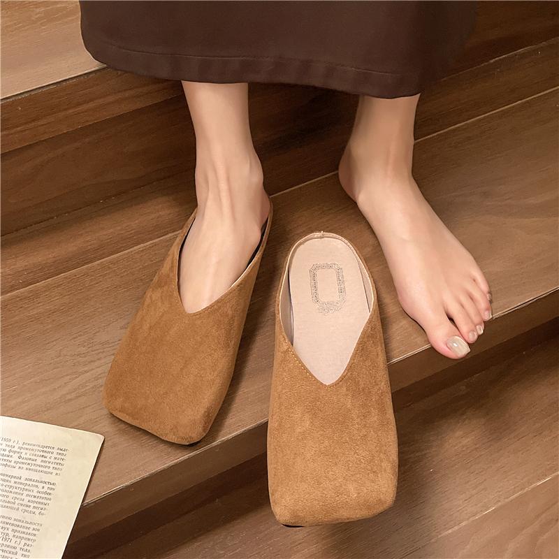 Fashion Brown Baotou Vintage Mules Women's Autumn New Flat Square Toe Fitting Room Lazy Suede Half Slippers
