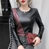 Autumn Winter Long Sleeve Women's Blouse Patchwork Colors Plus Size Shirt Women Elastic Warm Velvet Pu Leather Female Tops