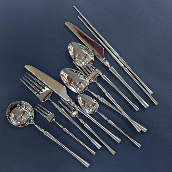 Stainless Steel Cutlery with Steak Cutter Mirror Polished Flatware Utensils Metal Spoons Forks Chopsticks Tableware for Home Parties