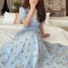 Summer Vintage Floral Dress Women Elegant Lace Chiffon Korean Party Dress Puff Sleeve V Neck Midi Dress Fall Dresses Women Vacation