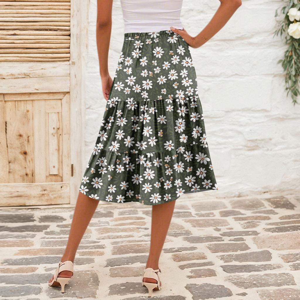 Women's Casual High Waist A-Line Skirt Polka Dot Stripe Printed Skirt With Pockets