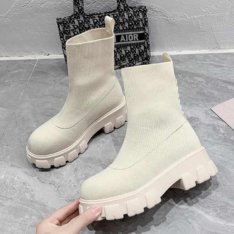 2023 Casual Stretch Fabric Platform Boots Fashion Slip-On Women Ankle Boots Knitted Sock Platform Shoes Sports Short Boots Plus Sizes 43