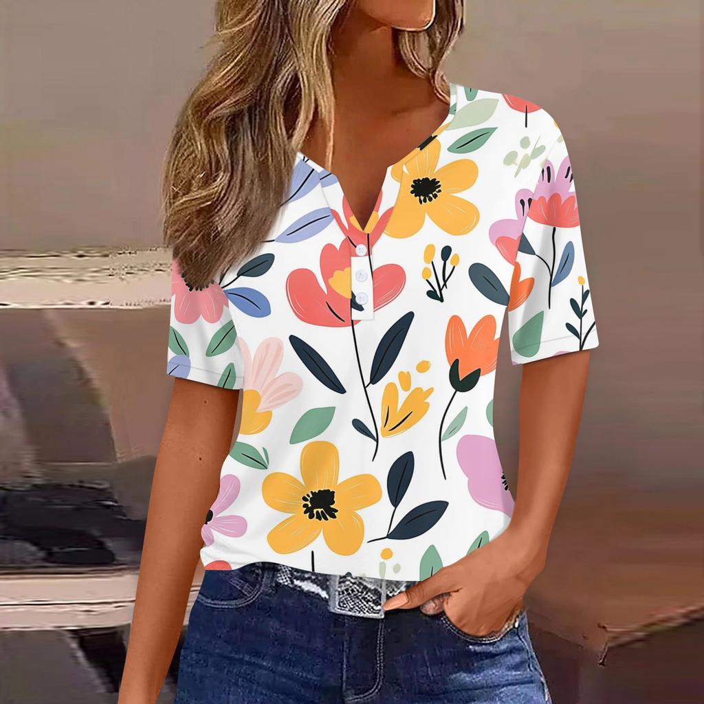 Women's Fashion Casual Vintage Floral Print V-Neck Short Sleeve Decorative Button T-Shirt Tops