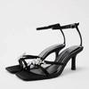 TRAF Womans Black Leather High Heel Sandals Sexy Pointed Toe Slingback Metal Buckle Pumps Sandals Summer Party High Heel Sandals