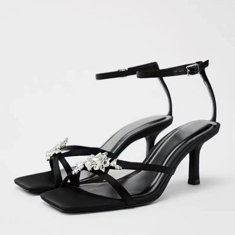 TRAF Womans Black Leather High Heel Sandals Sexy Pointed Toe Slingback Metal Buckle Pumps Sandals Summer Party High Heel Sandals
