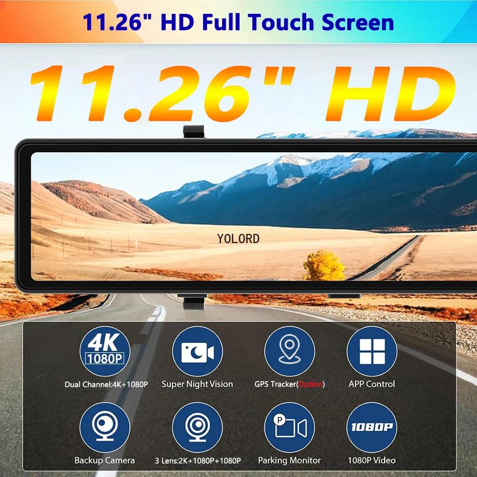 4K 3 Way Dash Cam 3 Channel Rearview Mirror Front Inside Rear 2K+1080P+1080P WiFi Dual Lens Car Dvr Camera Infrared Night Vision