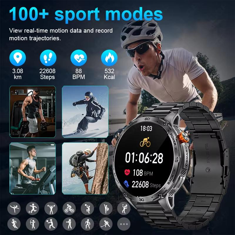 2025 New Military Smart Watch Men 730mAh Large Battery Flashlight AMOLED HD Display 3ATM Waterproof Outdoor Sports Smartwatch