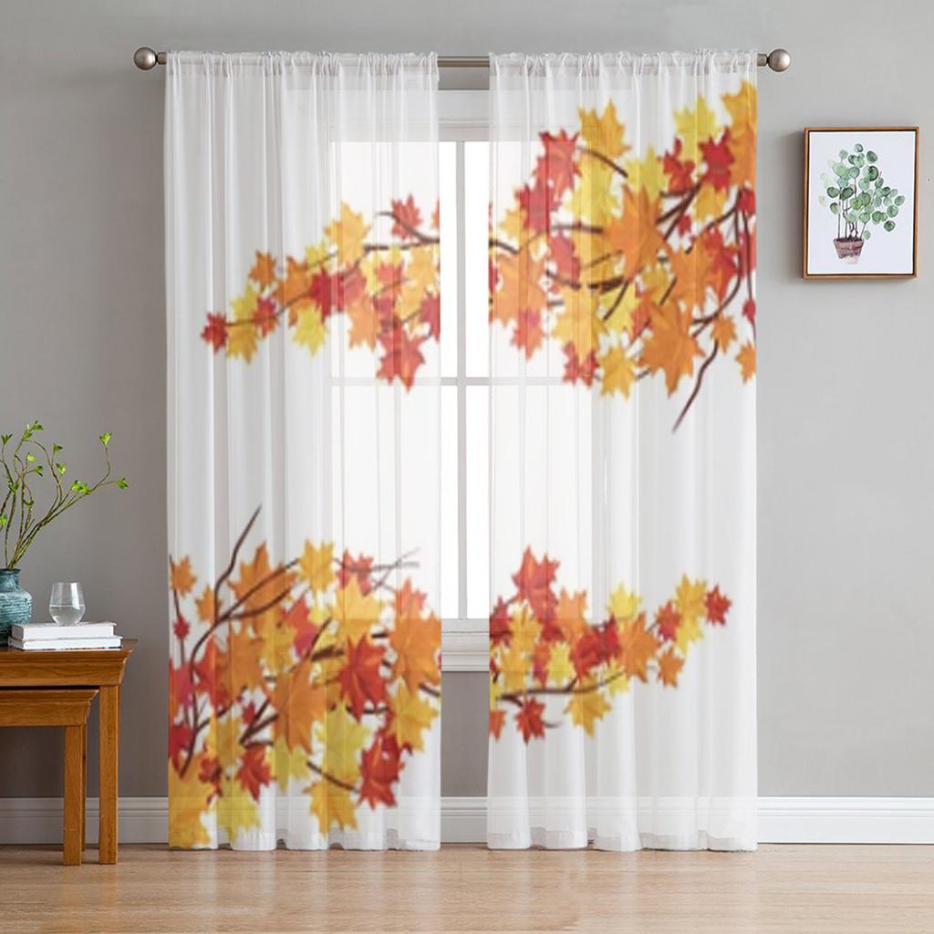 Autumn Maple Leaves On Branches Sheer Curtains For Living Room Window Transparent Voile Tulle Curtain Bedroom Drapes Home Decor