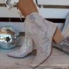Fashion Fashion Women Ankle Boots New Spring Street Photos Trendy Shoes Pointed High Heels Thick Heels Sequins Hot Diamonds Short Boots