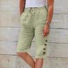 Women Summer Shorts Elastic Waistband Adjustable Drawstring Casual Pants with Pockets Solid Color Buttons Decor Knee-length Pants