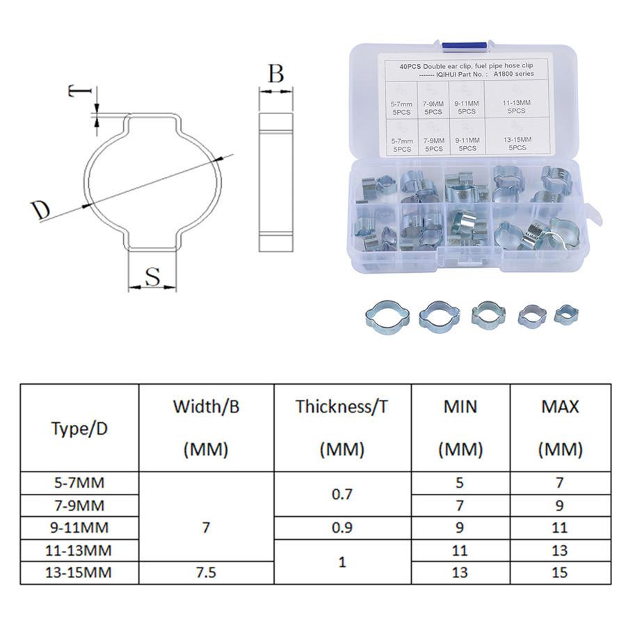 40PCS Double Ear Hose Clips Water Fuel Air Clamps for 5-15MM Zinc Plated Assortment Box With Clamp Pliers