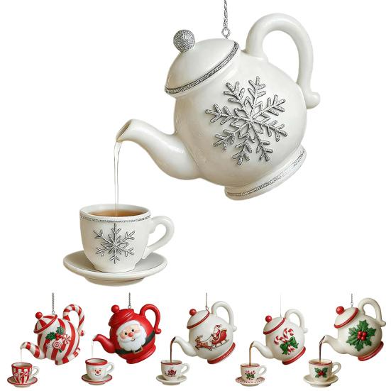 Christmas Teapot Ornament Holly Vintage Tea Cups And Pot Set Xmas Tree Hanging Ornaments 2D Acrylic Teapot Decor with Pouring Tea Effect