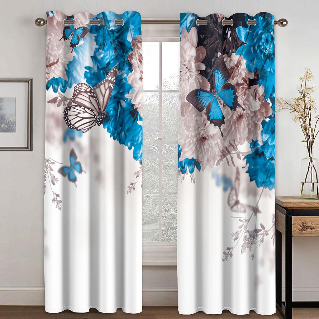 Blue Curtains for Living Room Luxury Butterfly Blackout Window Curtain for Bedroom Semi-Shading 2 Pieces Set Room Cortina Custom