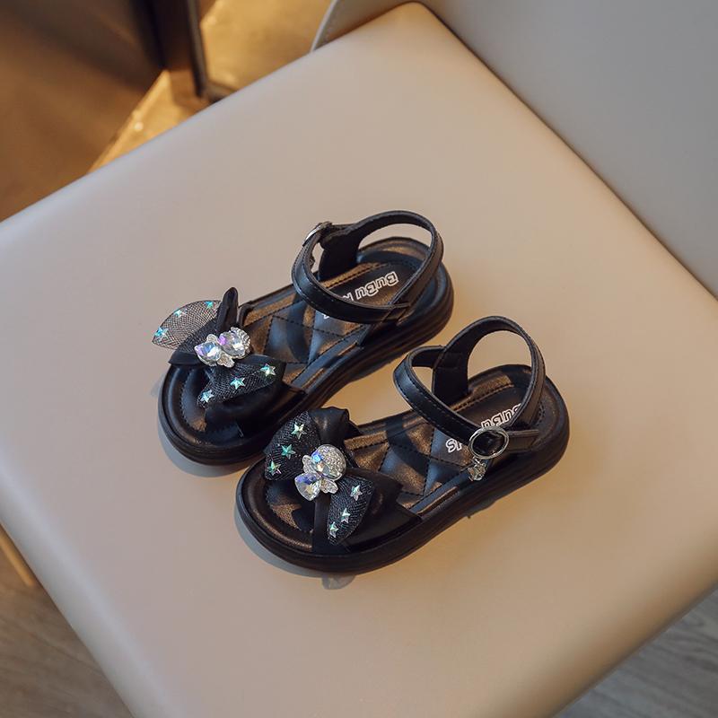 Girls Rhinestone Mesh Bow Simple Korean Children's Sandals New Summer 2024 Solid Color Versatile Kids Performance Shoes Fashion