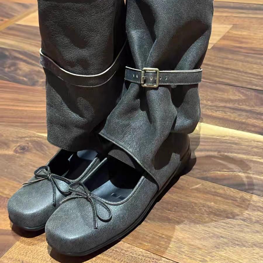 Temperament Casual Fashion Single Boots for Women, Height Increased by 5cm~ Stylish Square Round Head Bow Light Mouth Mary Jane Medium Boots