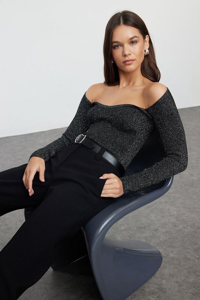 Women's Elegance Style Sweater Black Glitter Yarn Knitwear Sweater
