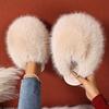 1 Pair Elegant Faux Fur Slippers for Women, Indoor/Outdoor House Shoes, Korean Style Warm Flat Non-Slip Rubber Sole, Pure Color, Fabric Lined