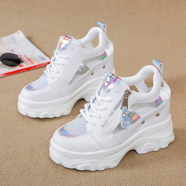 New Summer Women Sneakers Mesh High Platform Trainers White Shoes 9CM Heels Wedges Sandals Breathable Woman Casual Outdoor Shoe