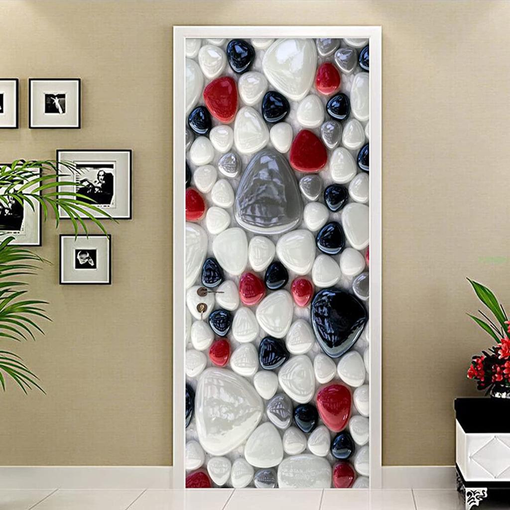 3D Door Stickers Decor Removable Kids Teens Colored Pebbles Door Murals Wallpaper Waterproof Removable Art Door Decals