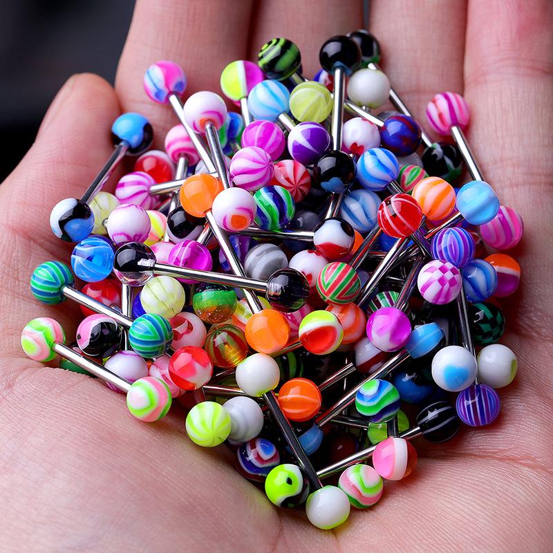 30PCS Colorful Stainless Steel Ball Barbell Tongue Rings Bars Piercing
