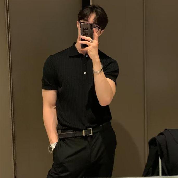Men's Summer Korean Style Slim Fit Knitted Polo Shirt - Short-Sleeve, Solid Color, Ice Silk, Turn-Down Collar