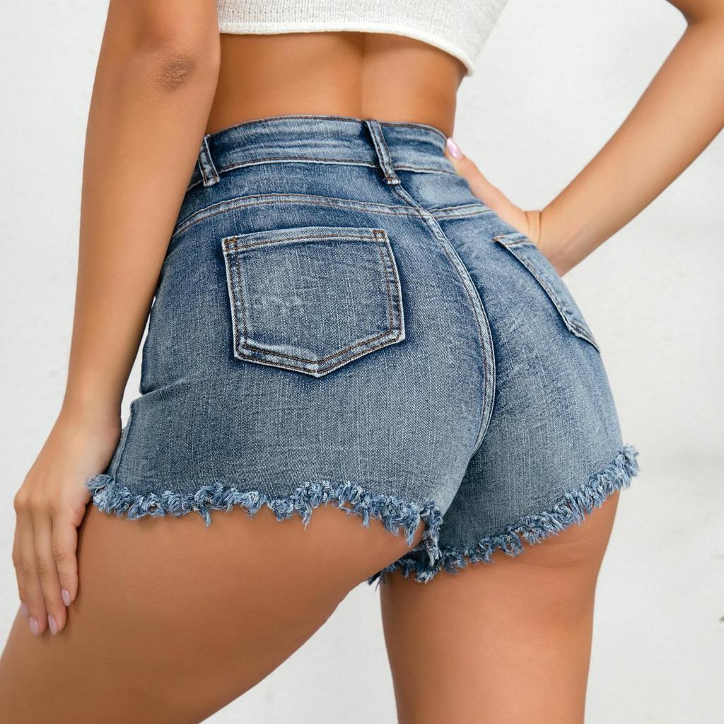 Cross-Border European & American Sexy Casual High-Waisted Plus Size Ripped Denim Shorts for Women